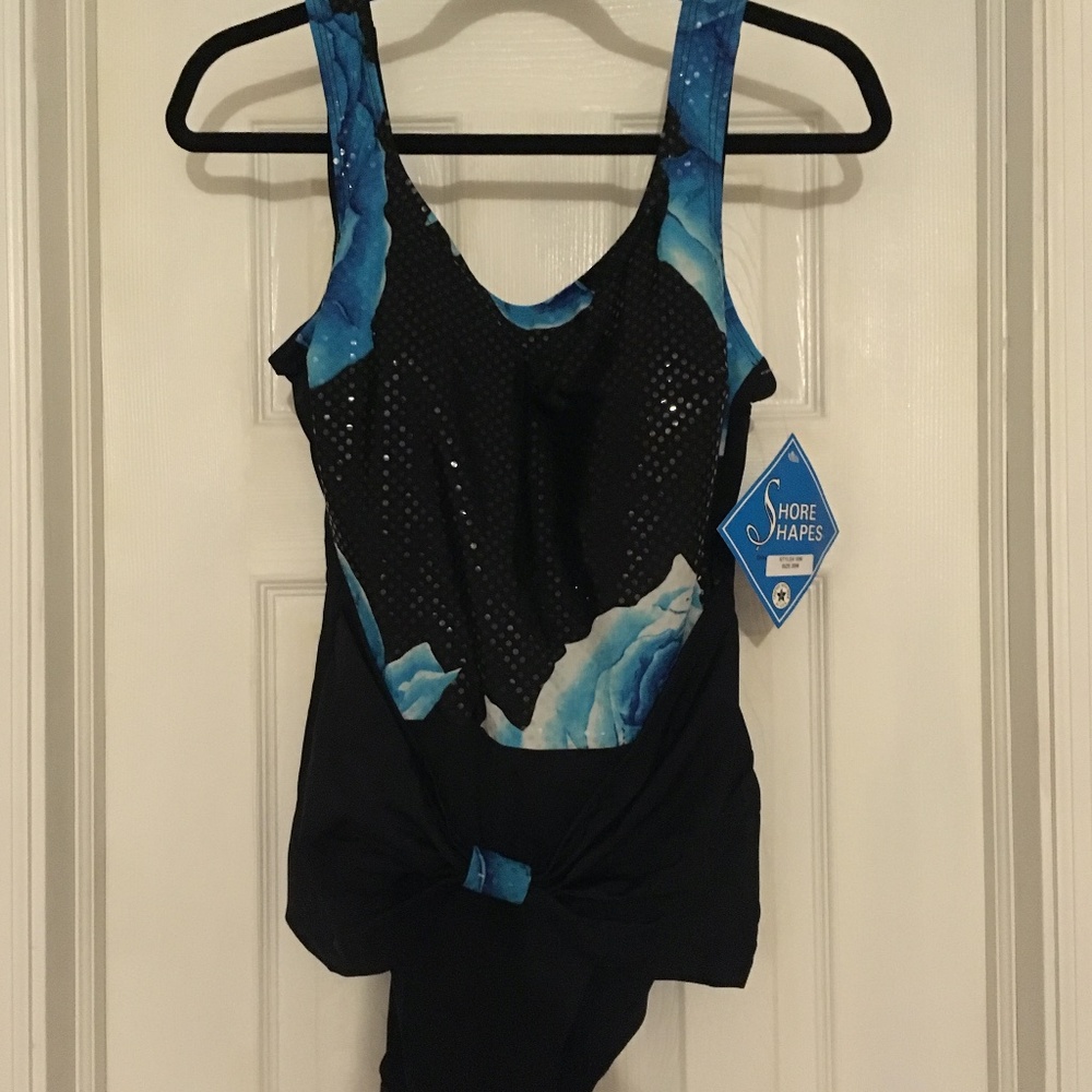 Shore Shapes•NWT•Size 20W•1 Piece• Black w/ Blue Flowers Sequin Look•Padded Cup